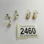 2 pairs of 9ct gold pendant earrings including relief carved cameo and pearl drop earrings.