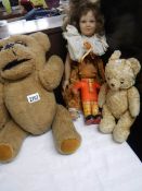 A 1970's Spanish Doll, Rupert the Bear and 3 other bears.