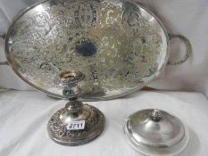 A silver topped glass dish, a silver plate tray and a silver plate candelabra.