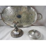 A silver topped glass dish, a silver plate tray and a silver plate candelabra.