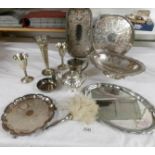 A mixed lot of silver plate including trays, basket, spills etc.