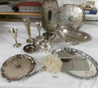 A mixed lot of silver plate including trays, basket, spills etc.