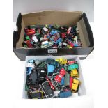 Box containing various miniature train and vehicle toys and various car themed keyrings