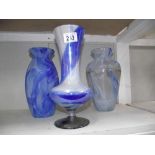 3 blue coloured glass vases