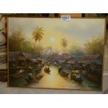A modern 20th century painting on canvas possibly river Market Thailand.
