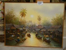 A modern 20th century painting on canvas possibly river Market Thailand.