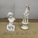 A continental porcelain figure of a Pierrot and a miniature continental porcelain bust (chips to