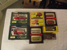 Seven boxed Corgi toy bus models including Corgi Classics,