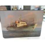 A superb quality Russian lacquered box depicting a ship, signed.