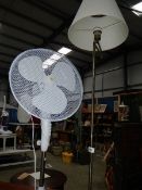 An electric standard lamp and a freestanding fan.