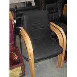 6 office steel framed armchairs with wood arms and faux leather seats