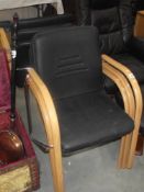 6 office steel framed armchairs with wood arms and faux leather seats