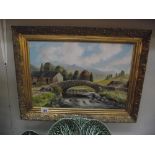 An oil on board of bridge and countryside