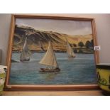 A European school oil on canvas painting of boats in an estuary with Belvoir gallery label verso