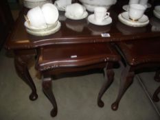 A glass topped ornate elm carved coffee table with 2 small side tables (glass tops missing)