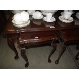 A glass topped ornate elm carved coffee table with 2 small side tables (glass tops missing)