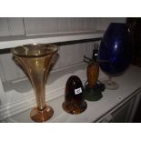 A large blue art glass vase etc including Galle style lamp base etc