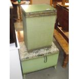 A green Lloyd Loom type glass topped laundry basket and similar blanket box seat