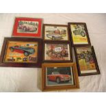 A quantity of fra,ed advertising prints of classic cars and motorbikes including Austin Healey,