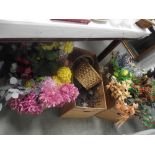 2 boxes of artificial flowers and a box of flower holders and wicker baskets etc.
