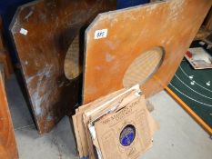 2 old school classroom speakers and a quantity of 78 rpm records.