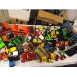 Box containing various Tonka Toy and plastic construction toys plus Steel Roder jeep