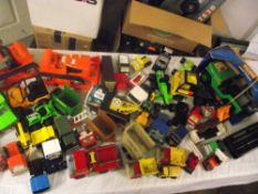 Box containing various Tonka Toy and plastic construction toys plus Steel Roder jeep