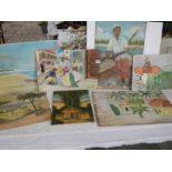 A quantity of primitive paintings, one on canvas and seven on board.