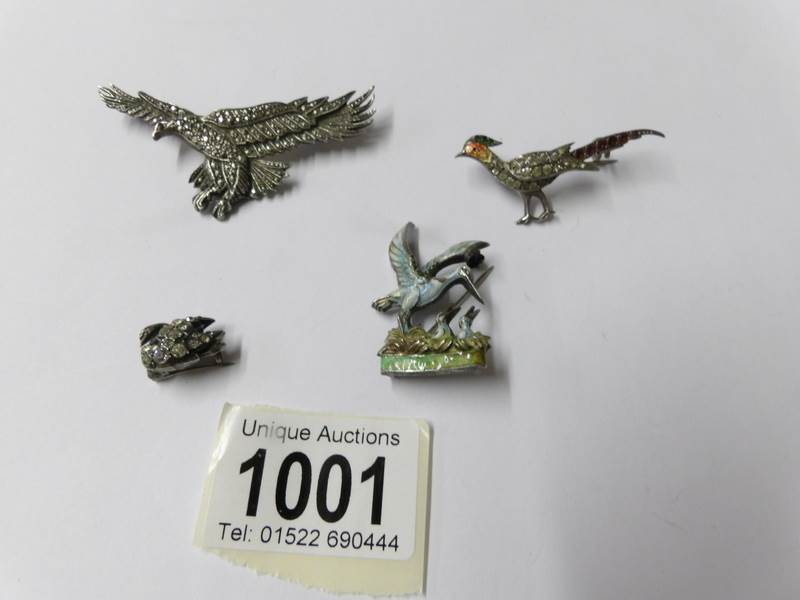 4 silver bird brooches circa 1940/50's being eagle, enamelled and stone set pheasant,