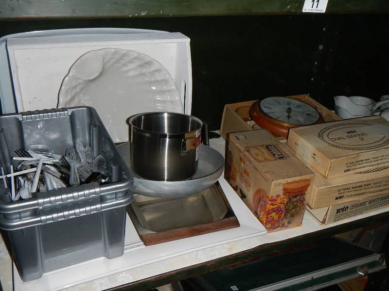 2 shelves of kitchen ware and 4 good boxed unused battery clocks. - Image 2 of 2