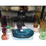 A selection of coloured glass, vases, bowls etc.