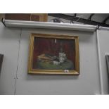 A framed oil on board still life titled 'Awaiting' Mid 20th century, by J.