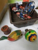 2 vintage Tin plate friction motor cycles, clockwork duck, Lehman hot air balloon etc.