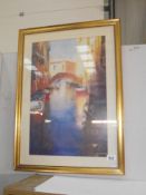 A framed and glazed print of a watercolour Venetian scene