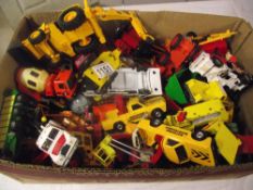 Box of die-cast toy construction themed models