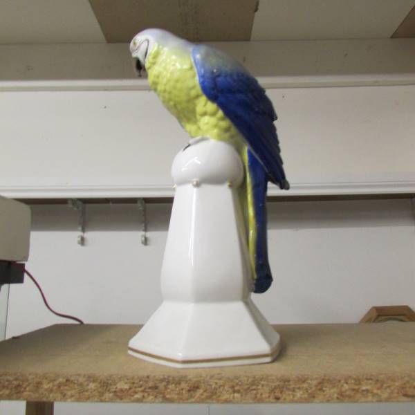 An art deco Katsutte German porcelain parrot on a stand, circa 1930's, impressed mark cat in house. - Image 2 of 3