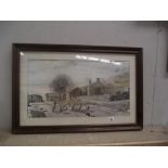 A framed and glazed print of a farmyard scene with sheep