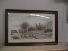 A framed and glazed print of a farmyard scene with sheep