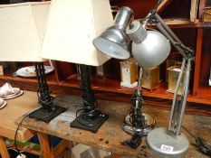 A pair of table lamps and 2 anglepoise lamps.