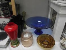 A quantity of art glass including vases, biscuit barrel, centre piece etc.