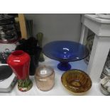 A quantity of art glass including vases, biscuit barrel, centre piece etc.