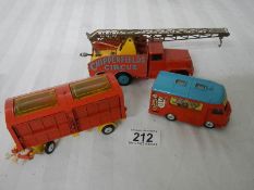 A Corgi Chipperfields Circus 426 mobile booking office, 1121 & 1123 crane truck and circus cage.