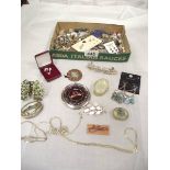 A quantity of assorted earrings, rings, pill boxes etc.