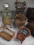 A quantity of vintage wicker and wood doll's furniture.