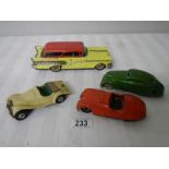 2 tinplate Scalex friction cars, a Bandai American estate car and one other.