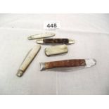 5 vintage pen knives including 2 with silver blades