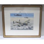 John Pooler Watercolour painting of a Lancaster bombing mission signed by the artist.