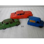 A Triang tinplate clockwork Ford Zephyr, a Plastic friction fire chief car and an express van.