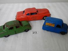 A Triang tinplate clockwork Ford Zephyr, a Plastic friction fire chief car and an express van.