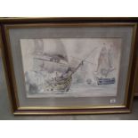A large gilt framed and glazed watercolour of galleons at battle signed George M Kehew.